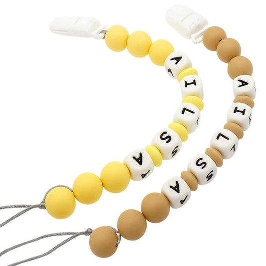 Personalized Pacifier Clip with Name, Customizable Pacifier Clip (2 Pack) (Yellow + Oatmeal)