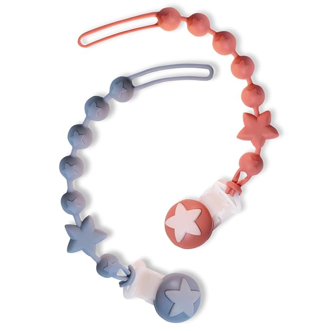 Silicone Baby Pacifier Clips for Boys and Girls, Pack of 2 Flexible Rust-Free Pacifier Holder Clip with One-Piece Design, Paci Binky Clips (Terracotta+Azure)