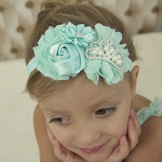 Nishine Baby Christening Headband Toddler Girls Fabric Flower Headband Tiara Stretchy Elastic in Pairs (Child, White/Mint)