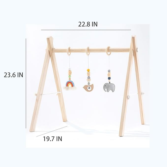 Wooden Baby Play Gym with Hanging Bar, 4 Gym Toys and Natural Pine Wood, Perfect for Infant Development