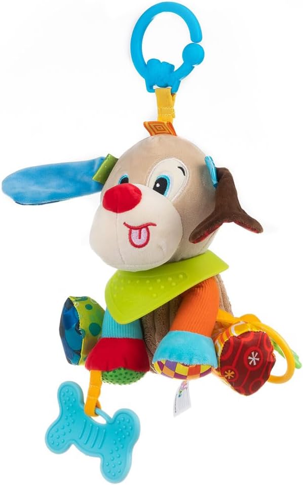 Balibazoo Puppy Paul Hanging Baby Toy for 0-24M - Developmental Sensory Activity Toy | Crinkle, Rattle, BPA-Free Silicone Teethers | Clip for Stroller, Car Seat | Soft Plush Newborn Gift