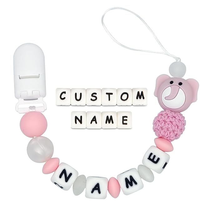Personalized Pacifier Clip with Name Customized - Elephant (PinkW)