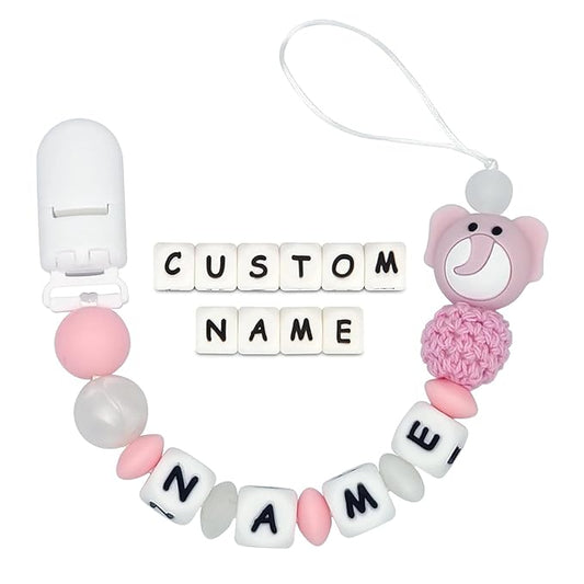 Personalized Pacifier Clip with Name Customized - Elephant (PinkW)