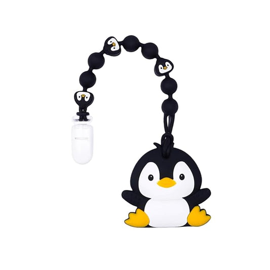 Cute Animal Baby Food Grade Silicone Teether Toy with One Piece Design Pacifier Clip Holder,Teething Pain Relief Toys Gift Set for 3 Months+ Boys and Girls,Freezer Safe,BPA Free (Penguin)