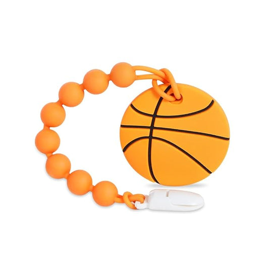 Baby Sports Ball Teething Toys,Food Grade Silicone Teether with One-piece Pacifier Clip Holder,Shower Gift,Teething Pain Relief for 3 Months+ Boy and Girl,BPA Free,Freezer Safe. (Basketball)