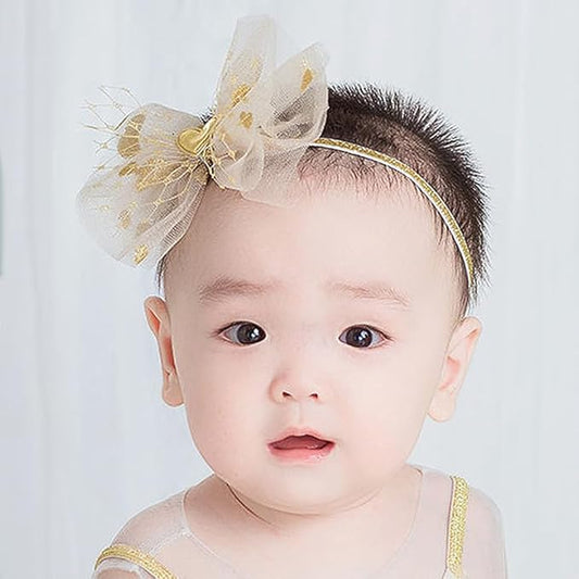 Bethynas baby girls Lace Bowknot Headband Gauze Bow Elastic Toddlers Hairband Birthday Party Princess Crown Heart Hair Accessories for Newborn Infant Baby (Gold)