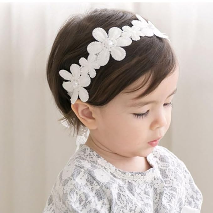 Baby Girl Headband White Lace Hairband Elastics Flower Head Wrap Hair Accessories Gift for Newborn Infant Toddlers Kids Baptism Shower Gift Birthday Wedding Party (Style 8)