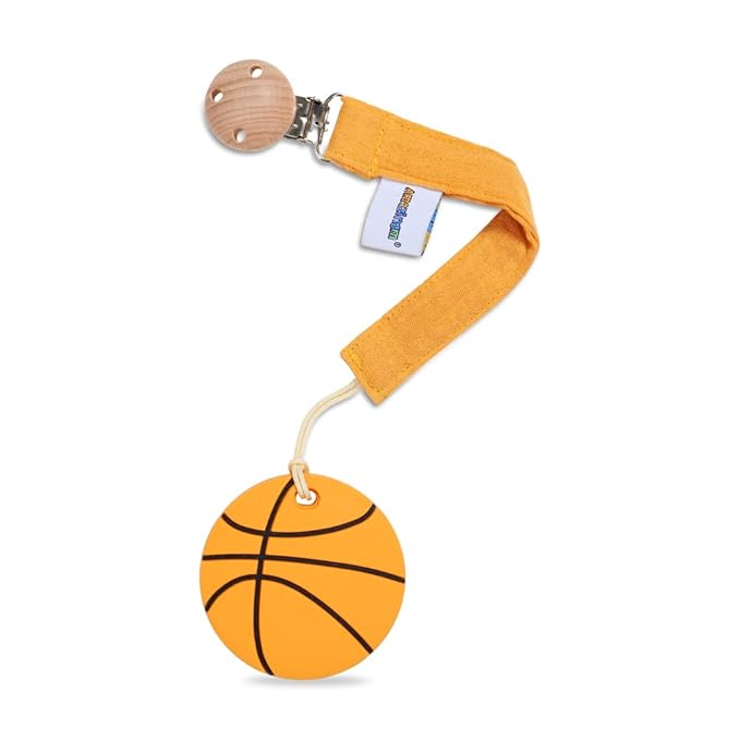 Baby Food Grade Silicone Sports Shape Teether Toy with Pacifier Clip Holder,Teething Pain Relief Toys Gift Set for 3 Months+ Boys and Girls,Freezer Safe,BPA Free (Basketball)