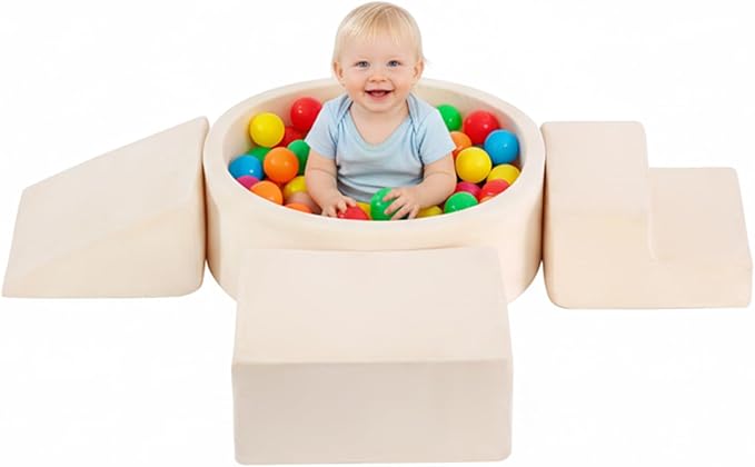 Tiita Climbing Toys with Ball Pit for Toddlers, 4-Piece Kids Foam Climbing Blocks for Baby, Activity Soft Climb and Crawl Playset Indoor Playground, Beige (Balls not Included)