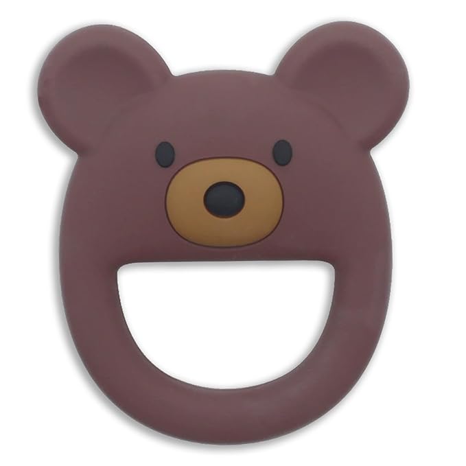 Bear-Shaped Silicone Teether for Baby 0–12 Months, Soft Textured Teething Ring with Easy-Grip Open Design, One-Piece Food-Grade Silicone Teething Toy for Infants (Brown)