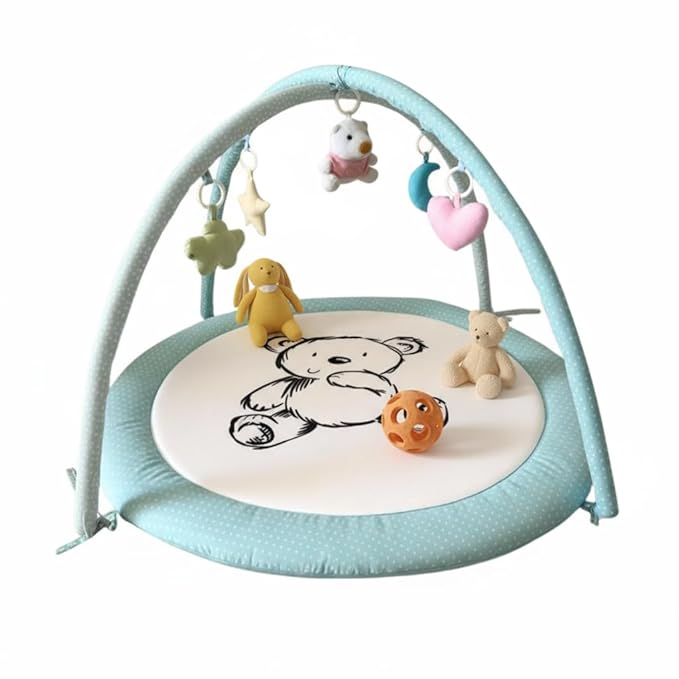 Baby Play Gym Mat & Activity Mat - 100% Cotton Soft Playmat with 6 Detachable Toys for Tummy Time, Machine Washable, Sensory Development Gift (Blue Bear)