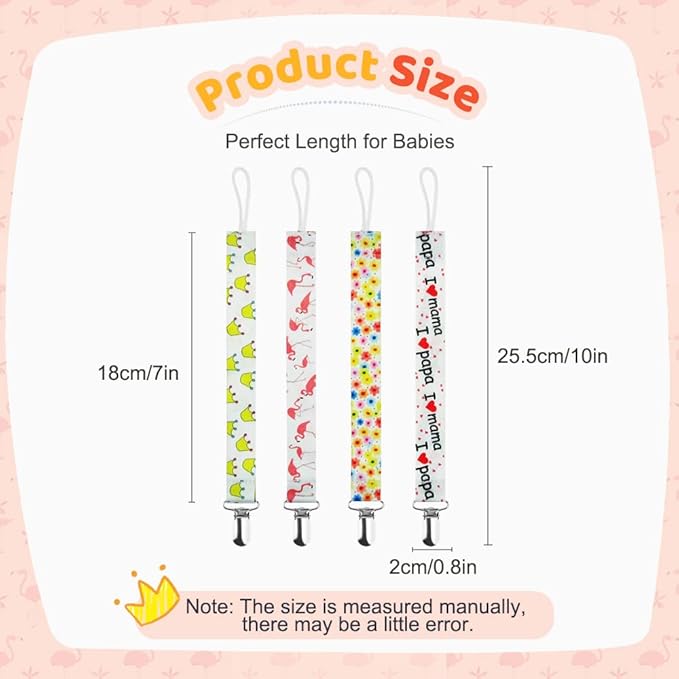 Pacifier Clip for Baby Boys Girls, 4 Pack Pacifier Holder Boho Pattern Leash Pacifier Strap with Clip Unisex Baby Shower Birthday Christmas Gift (Flamingo)