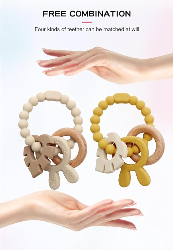 | Bohemian Teether | Baby Teether | Sensory Exploration and Teething Relief | 100% Food-Grade Silicone Teether Toy | BPA Free | Chewbeads | Silicone with Beechwood Ring | (Tan)