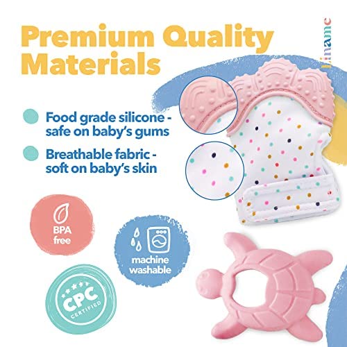 Liname 2 Pack Teething Mitten with Soothing Toy - Baby Chew Toy and Teething Glove- Infant Teething Mitten Crinkle Sound and Textured Silicone to Soothe Sore and Swollen Gums