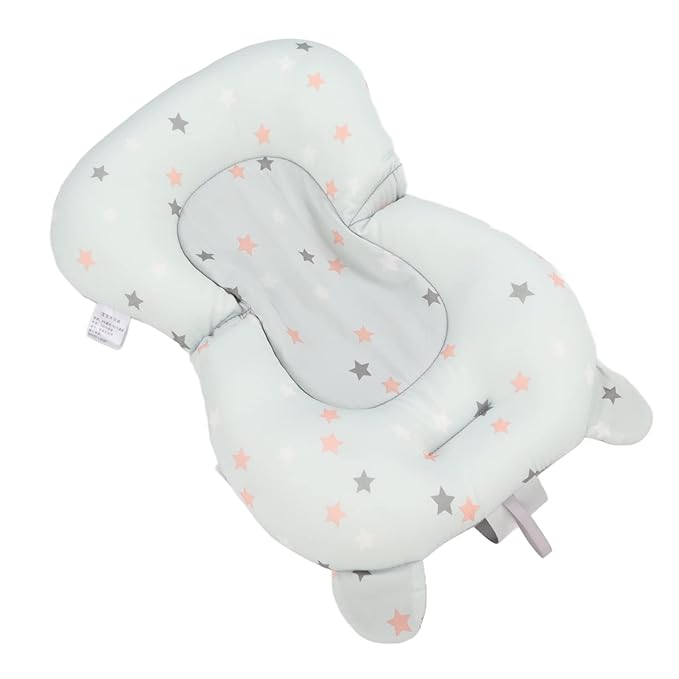 Baby Bath Cushion Pad - Newborn Bathtub Mat with Infant Bath Supporter Net and Nonslip Floating Seat (Light Blue Stars)