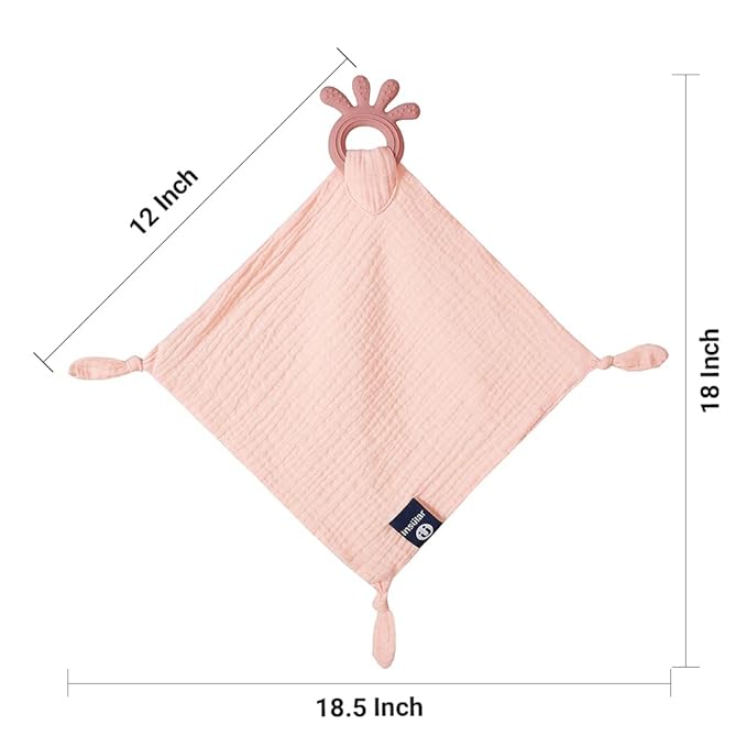Baby Muslin Security Blanket with Food Grade Silionce Teether,Soothe Teething Toy for Boys and Girls,100% Polyester (Pink)