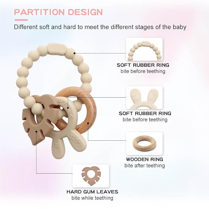 | Bohemian Teether | Baby Teether | Sensory Exploration and Teething Relief | 100% Food-Grade Silicone Teether Toy | BPA Free | Chewbeads | Silicone with Beechwood Ring | (Tan)
