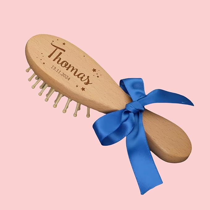 Personalized Baby Gift Newborn Hair Brush and Comb, Customized Engraved Baby Keepsake，Personalized Girls Brush and Comb Set， Wood Bristle Toddler Comb, Cradle Cap Brush(Blue)