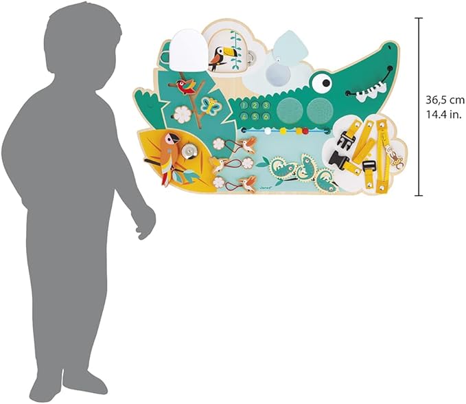 Janod Busy Board Crocodile Theme Jungle Animals - 14 Activities for Boys Girls - Develops Fine Motor Skills - FSCTM - Wooden Toy - from 18 Months - J08280