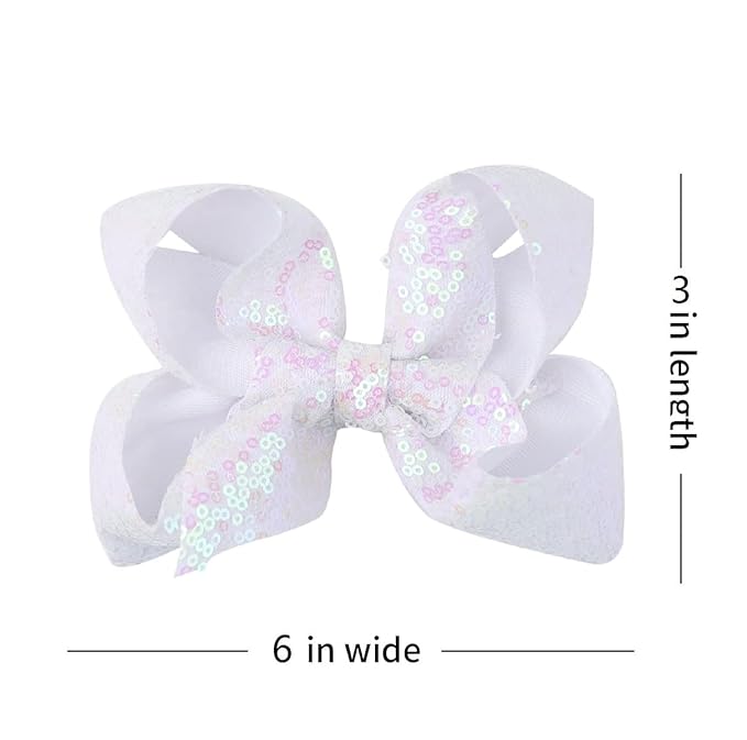 6 Inch White Sparkly Glitter Sequin Hair Bows for Girls Toddlers Kids Children Teenage (2PCS)