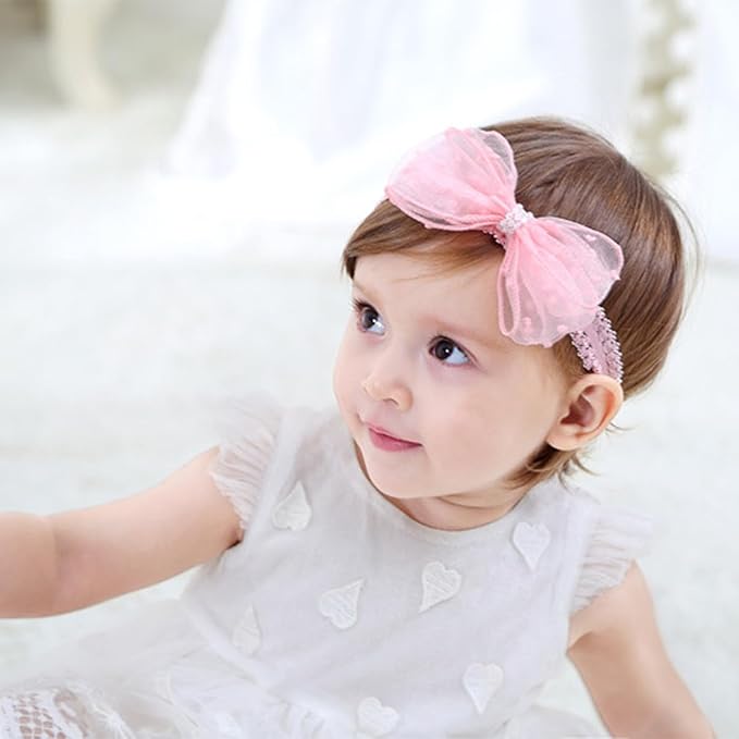 Baby Girl Bows Lace Headband Soft Cotton Tulle Hair Band Princess Infant Head Wrap Turban Ribbon Bow-knot Elastic Hair Accessory for Newborn Infant Toddler (Pink, Standard size)
