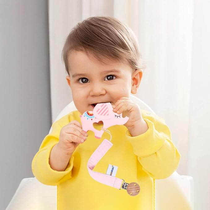 Baby Food Grade Silicone Teether Toy with Pacifier Clip Holder,Teething Pain Relief Toys Gift Set for 3 Months+ Boys and Girls,Freezer Safe,BPA Free. (Pink Elephant)