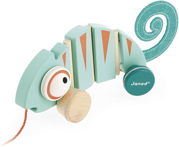 Janod - Tropik Pull-Along Chameleon - Wooden Early-Learning Toy - Silent Wheels - Educational Walking and Balancing Toy - Water-Based Paint - 1 Year + J08264