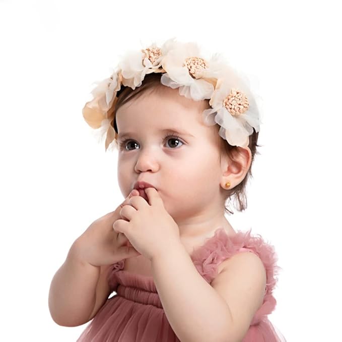 Bethynas Baby Girls Flower Cluster Headband Soft Lace Cloth Floral Head Wear for Wedding Party Cute Flower Hair Band for Toddlers Flower Girls (Champagne)