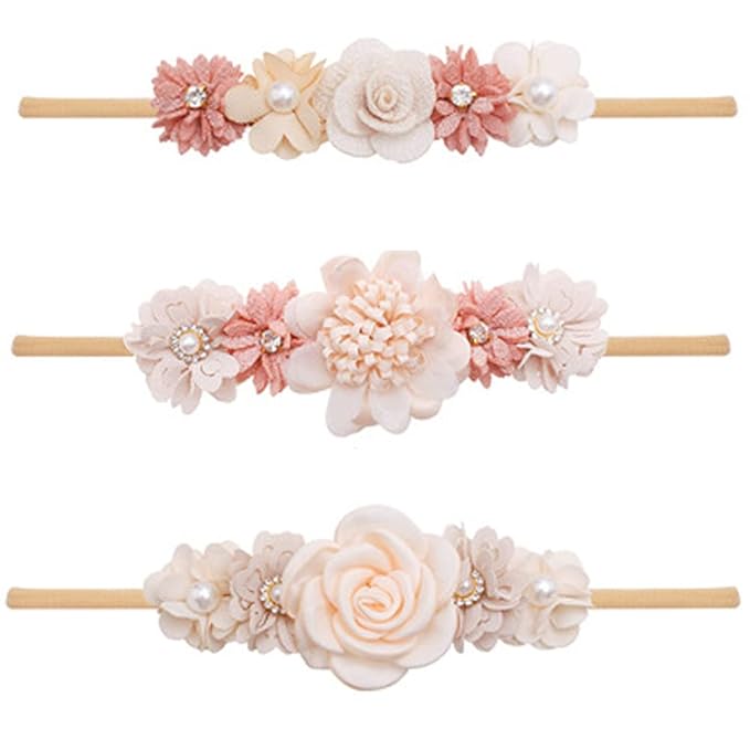 FGSS Floral-Headbands Flower-Crown for Baby Girls Elastic Nylon Hairbands for Newborn Infant Toddler Hair Accessories Pack of 3