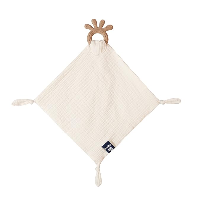 Baby Muslin Security Blanket with Food Grade Silionce Teether,Soothe Teething Toy for Boys and Girls (Cream)