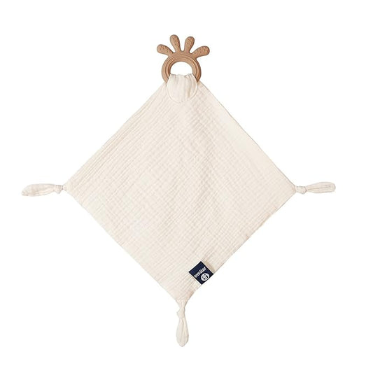 Baby Muslin Security Blanket with Food Grade Silionce Teether,Soothe Teething Toy for Boys and Girls (Cream)