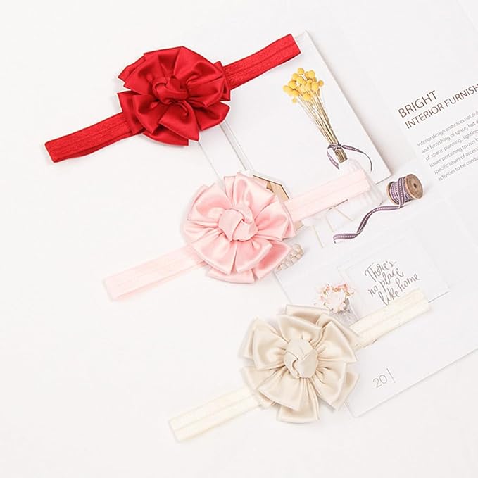 Large Flower Elastic headband for Baby Girl Infant Soft Fabric Chiffon Floral Hairband Toddler Newborn Christening Baptism Hair Accessories (Flower 6 - Red, Elastic)