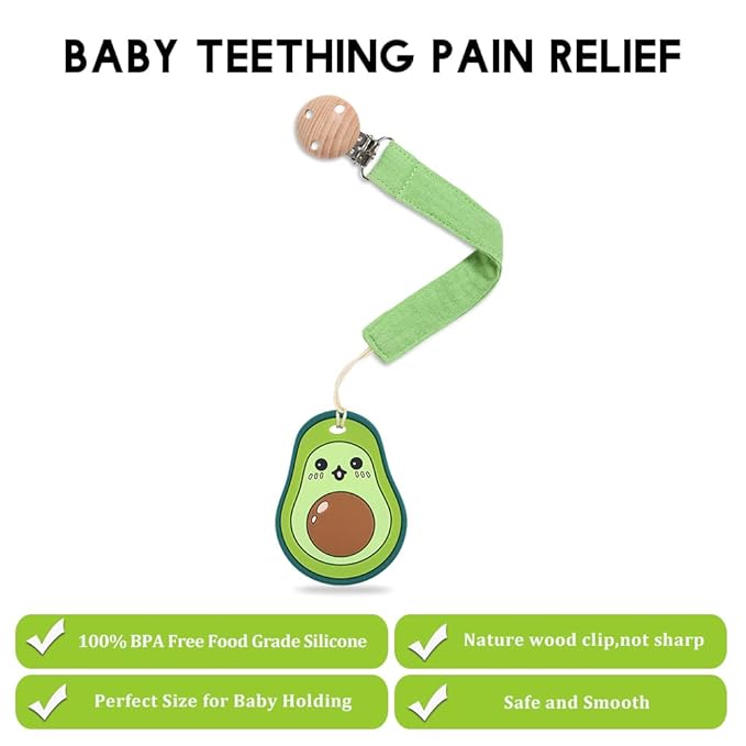 Baby Food Grade Silicone Teether Toy with Pacifier Clip Holder,Teething Pain Relief Toys Gift Set for 3 Months+ Boys and Girls,Freezer Safe,BPA Free (Avocado)