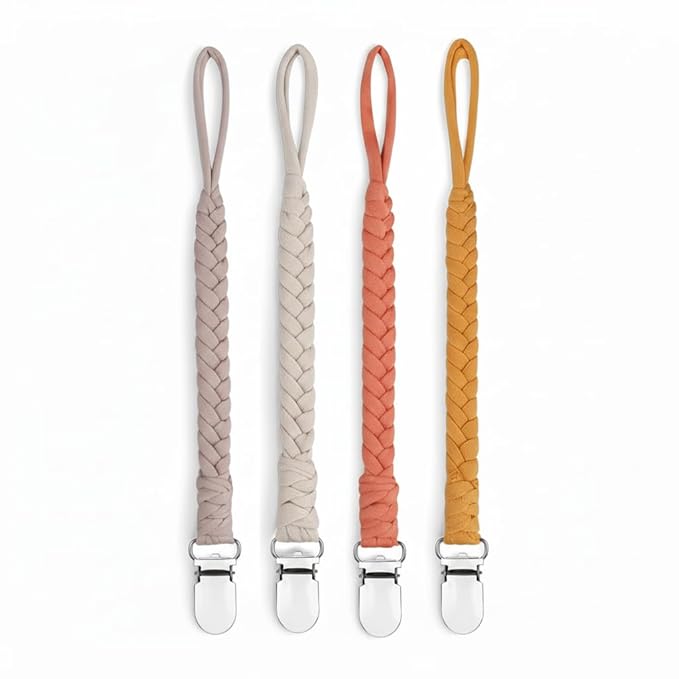 Baby Pacifier Holder for Boy and Girl, Teething Straps Unisex Design, Smoother Clip 100% Handmade Braided, Easy to Use for Teething Toys, (4 pack color varies)