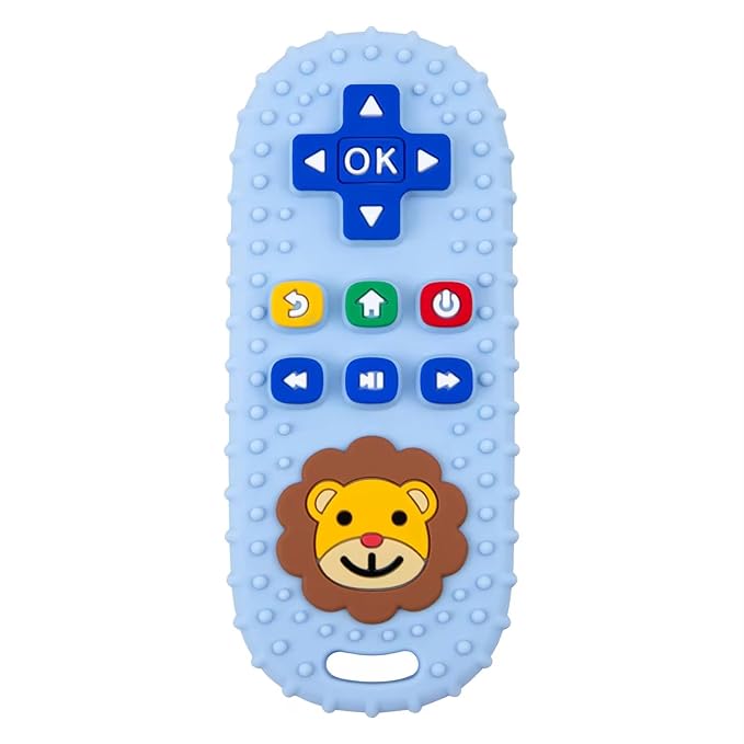 Baby Teething Toy, Soft TV Remote and Game Controller Shape Chew Set, Educational Toy for Intellectual Development, Safe Silicone for Toddler and Infant (Blue (Panda Handle + Lion Remote Control))