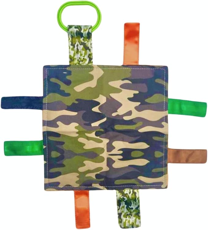 Baby Jack & Co 8x8 Hunting Camo Lovey Tag Toys - Baby Crinkle Toys - Soft & Safe - Learn Shapes & Colors - Ideal Baby Toy - BPA Free w/Stroller Clip