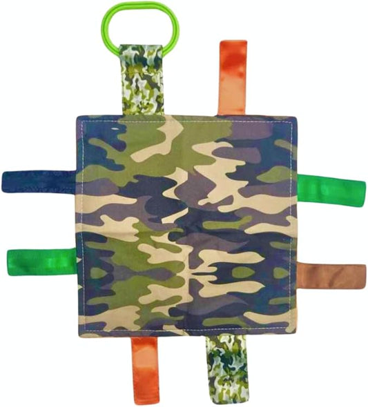 Baby Jack & Co 8x8 Hunting Camo Lovey Tag Toys - Baby Crinkle Toys - Soft & Safe - Learn Shapes & Colors - Ideal Baby Toy - BPA Free w/Stroller Clip