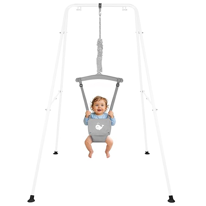 Baby Jumper with Stand, Foldable Activity Jumper for Infants, Height Adjustable Baby Bouncer No Doorway Needed Toddler Jumper, Portable Indoor Outdoor Baby Activity Center for 6-12 Months (Gray)