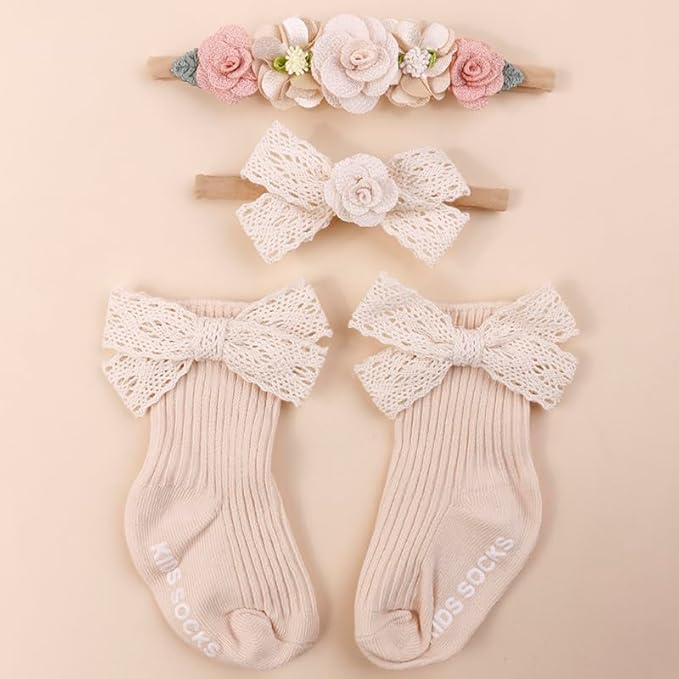 cherrboll Baby Girl Headbands and Socks Set, 3Pcs Soft Floral Hairbands Hair Bows Knit Socks for Newborn Infants Toddlers Photography Props Gifts