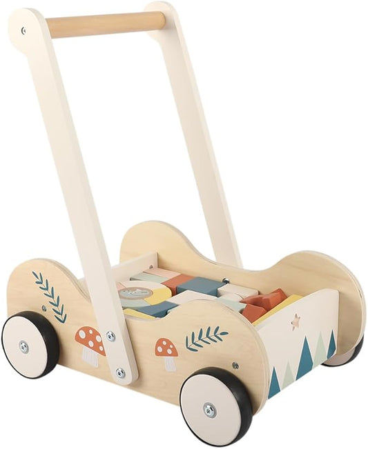 Freniland Wooden Baby Walker with 30 Building Blocks, Adjustable Speed Montessori Push Walker Toy for Toddlers 12M+, Baby Gift for Boys & Girls