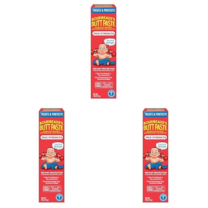 Boudreaux's Butt Paste Maximum Strength Diaper Rash Cream, Ointment | For Baby | 4 oz Tube | Pack of 3