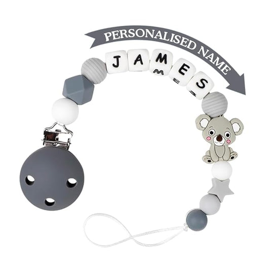 Personalized Pacifier Clip with Name, Grey Koala