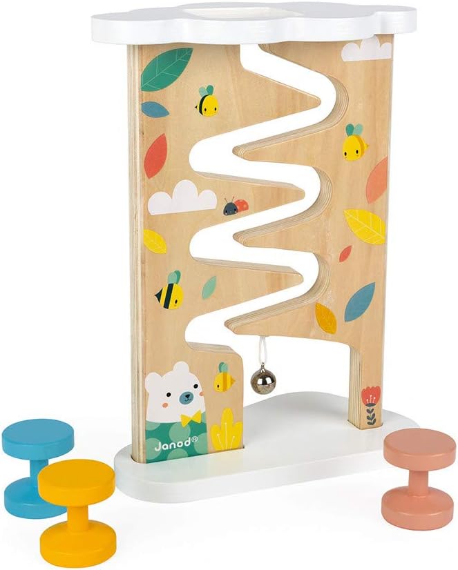 Janod Pure 4 pc Wooden Pastel Bee & Bear Ball Track with Cherry Wood Rollers & Bell Ages 12+ Months, one Color (J05153)