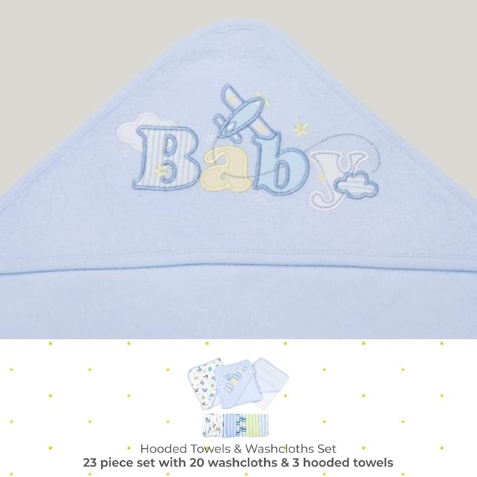 Spasilk Bath Hooded Towels & Washcloths Set for Babies, 23-Piece Gift Set, Blue