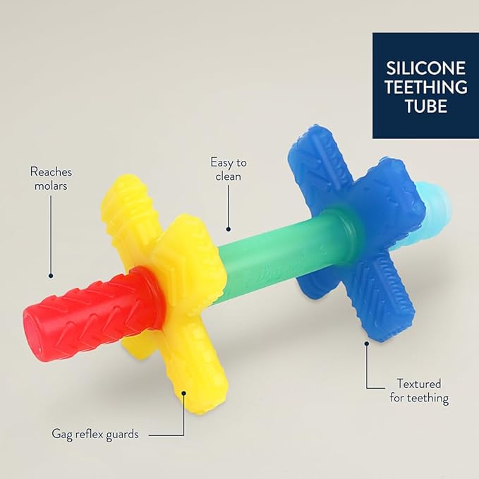 Itzy Ritzy Teensy Tube Teether – Textured Hollow Baby Teething Tube That Reaches Front Teeth & Back Molars, Made of Soft Silicone (Rainbow)
