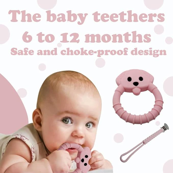 Gadgetime USA Baby Teething Toy Set - Includes Pink Pacifier Clip & Bear Teether - Silicone Chew Toys for Infants Newborns - BPA Free Freezer Safe