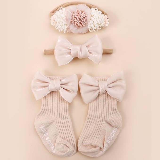 Baby Girls Headband & Socks Set, Cute Socks with Flower Hair Bows Baby Accessories Gifts for Newborn Infant Toddler