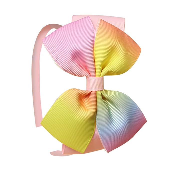Baby Girl's 4 Inch Double Layer Bow knot Headband Pure Color Ribbed Band Hair Hoop (Rainbow Pink)
