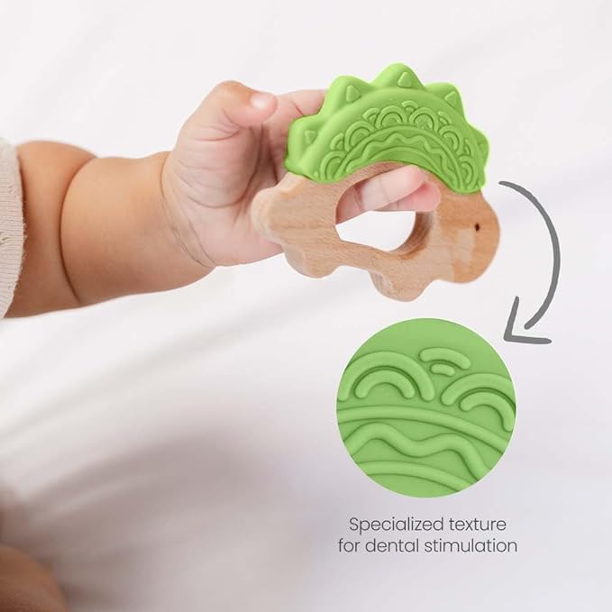 Baby Must Haves – Baby Teething Toys and Teether for Soothing Relief – Perfect for teething toys 3-6 months and Shower Gifts – Soft, BPA-Free, Ergonomic Dinosaur Wood Design.