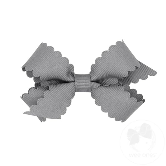 Wee Ones Girls' Classic Grosgrain Hair Bow with Scalloped Edges, No-Slip Hair Clip, Handmade, Gray, Mini